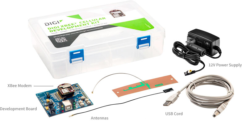 Development board, Antenna, XBee modem, 12V power supply, USB cord