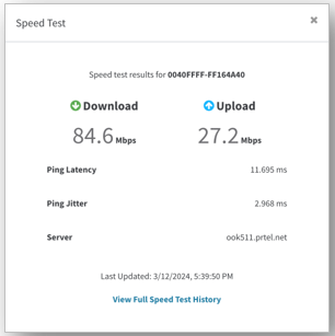 Speed Test download and upload results