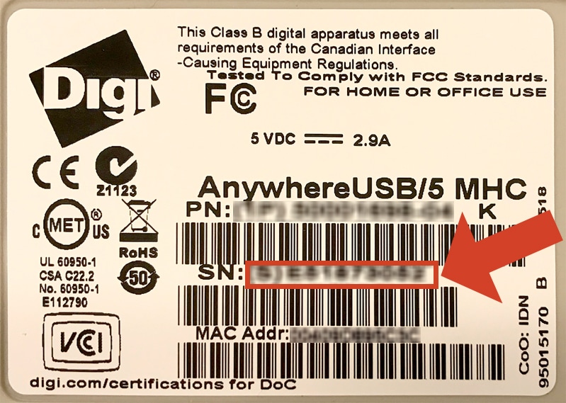 Label for Digi AnywhereUSB, Edgeport, Hubport, Rapidport