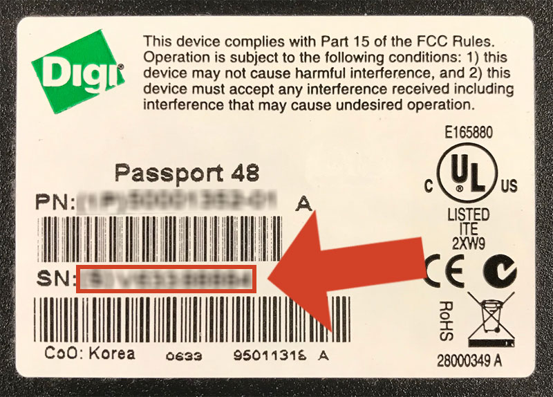 Label for Digi Passport, Digi CM, Digi ConnectPort LTS, Digi PortServer TS, Digi ConnectPort TS