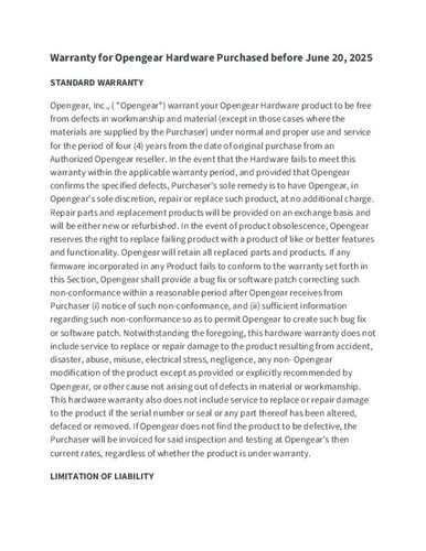 Opengear Product Warranty cover page
