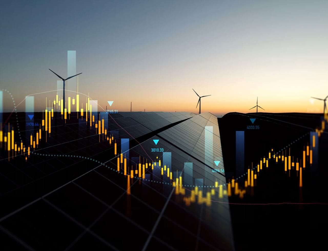 Solar panels and wind turbines at sunset overlaid with energy market data charts representing smart grid analytics.
